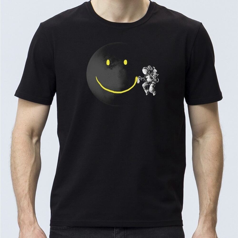 Black Graphic Short Sleeve T-Shirt with Smiley Face & Astronaut New without Tags